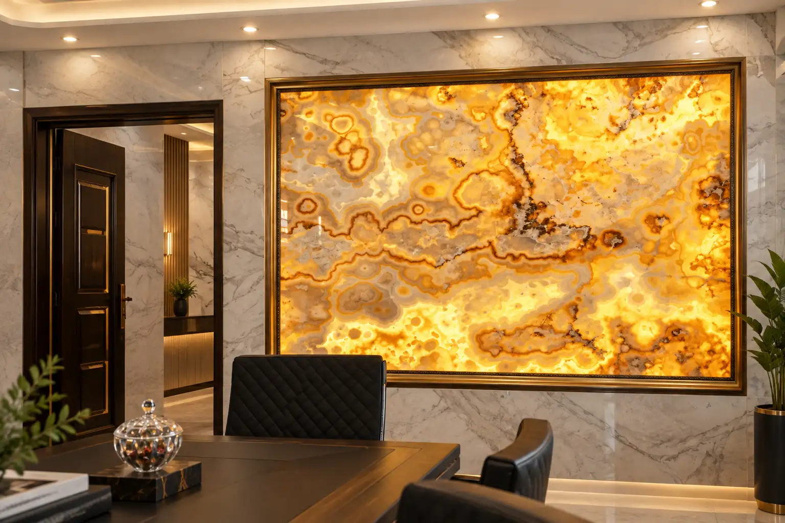 Panel onyx backlight berbingkai emas di dinding ruang kerja
