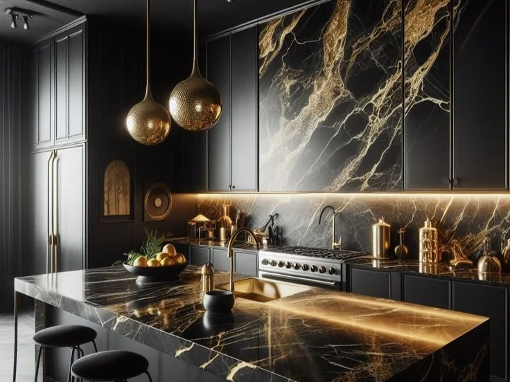 Meja dapur dan backsplash batu hitam bercorak emas